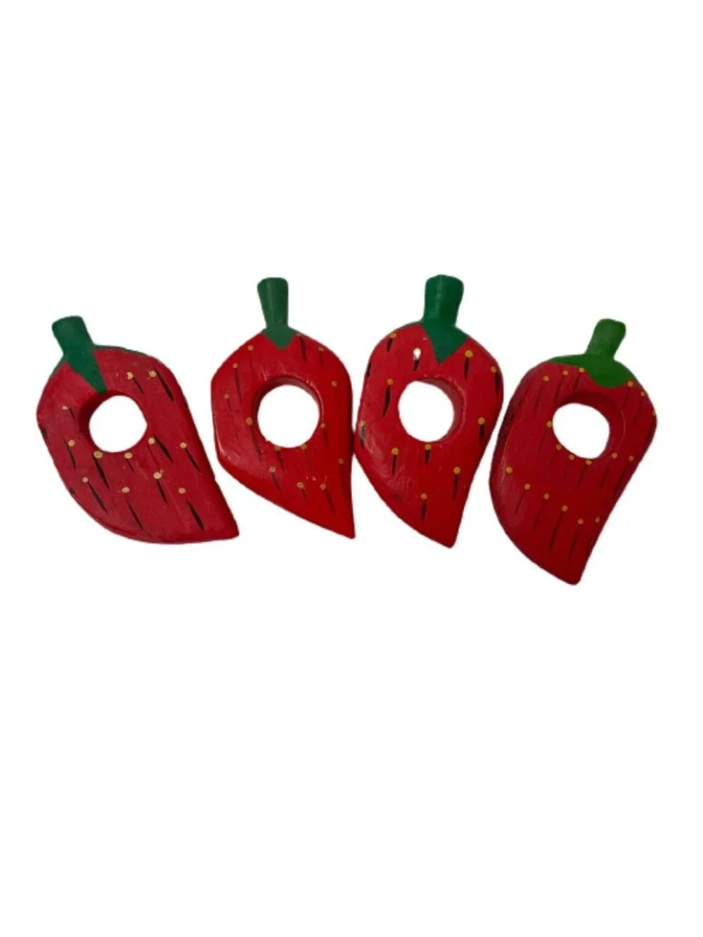 Set Of 4 Wooden Strawberry Napkin Rings Red & Green Hand Painted Pre-Owned